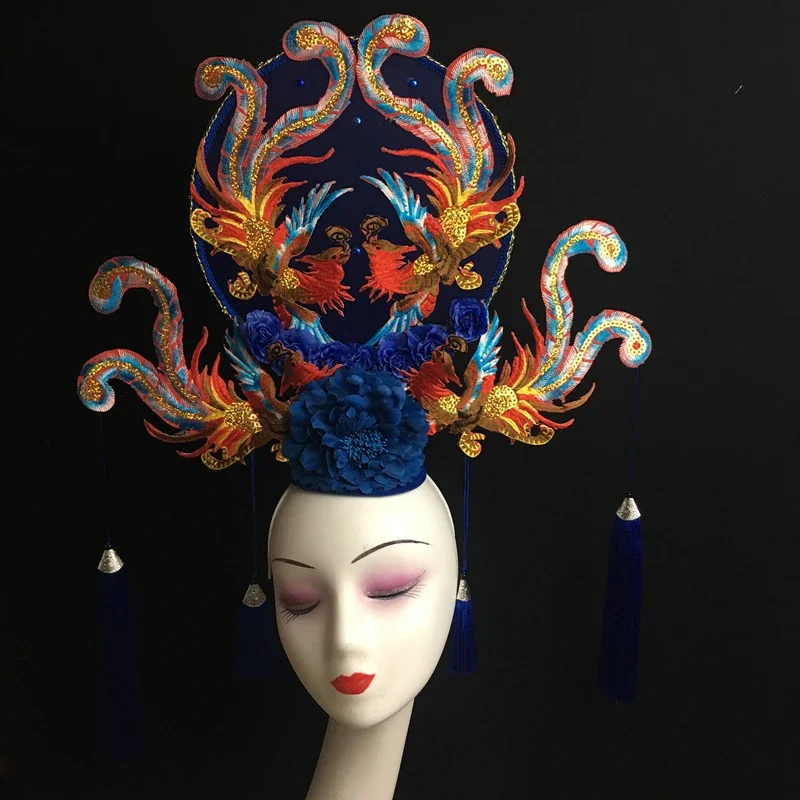 Blue tassel exaggerated model catwalk stage performance creative makeup styling competition fashion headgear one piece