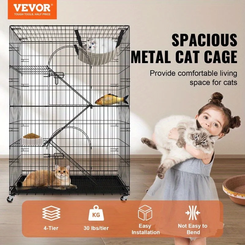 Catio-Grandes cages d'intérieur pour chat, 4 niveaux, poignées amovibles, enclos de parc en métal avec roulettes rotatives à 360 °