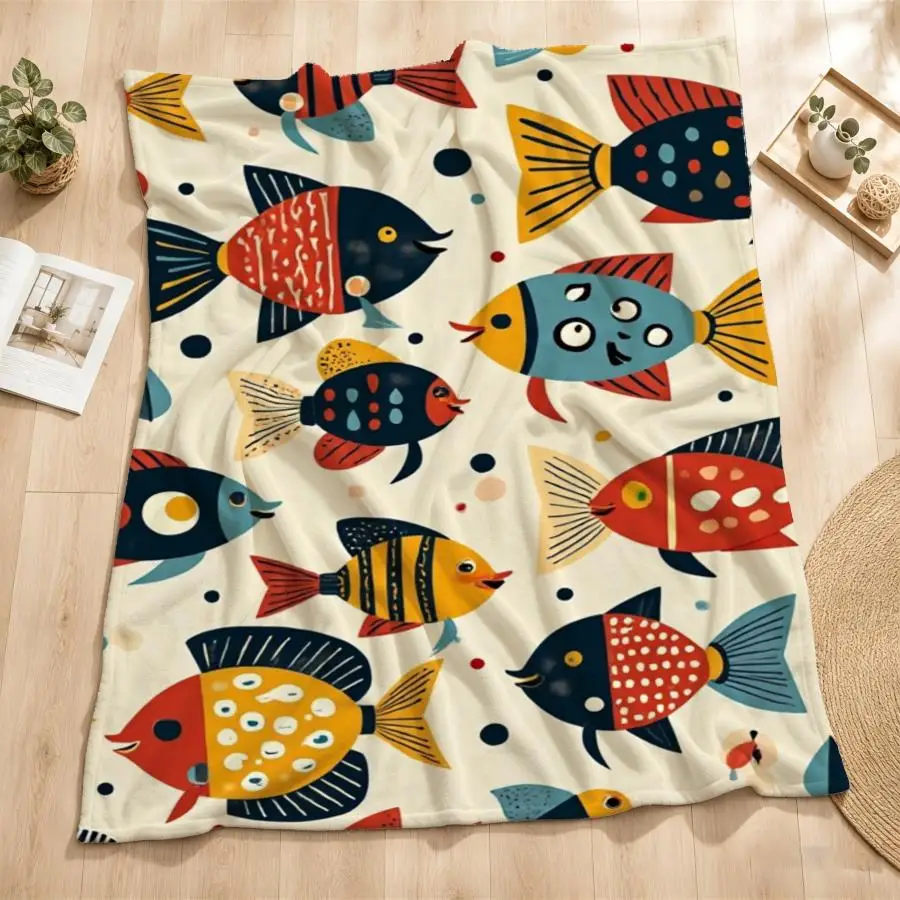 Whimsical Geometric Fish Flannel Throw Blanket - Soft, Warm Beige Cover with Colorful Mid-Century Modern Pattern, Ideal for Couch, Bed & Travel, Perfect Gift for Family, 2D Flat Weighted Blanket 280GS