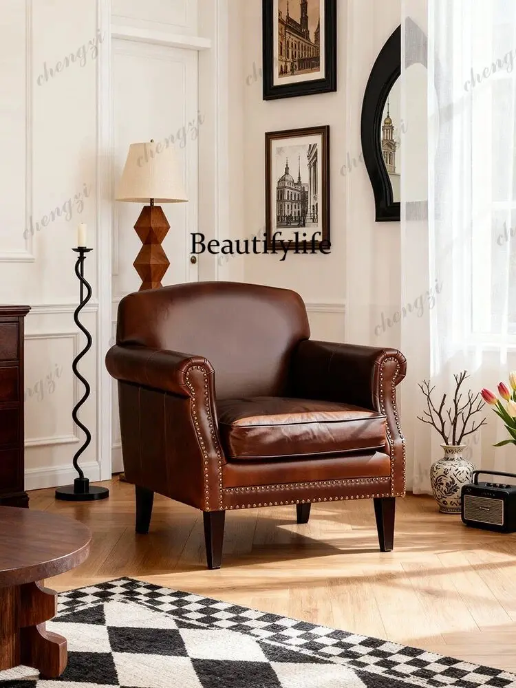 American retro leather single sofa chair living room light luxury decorative casual chair - premium quality