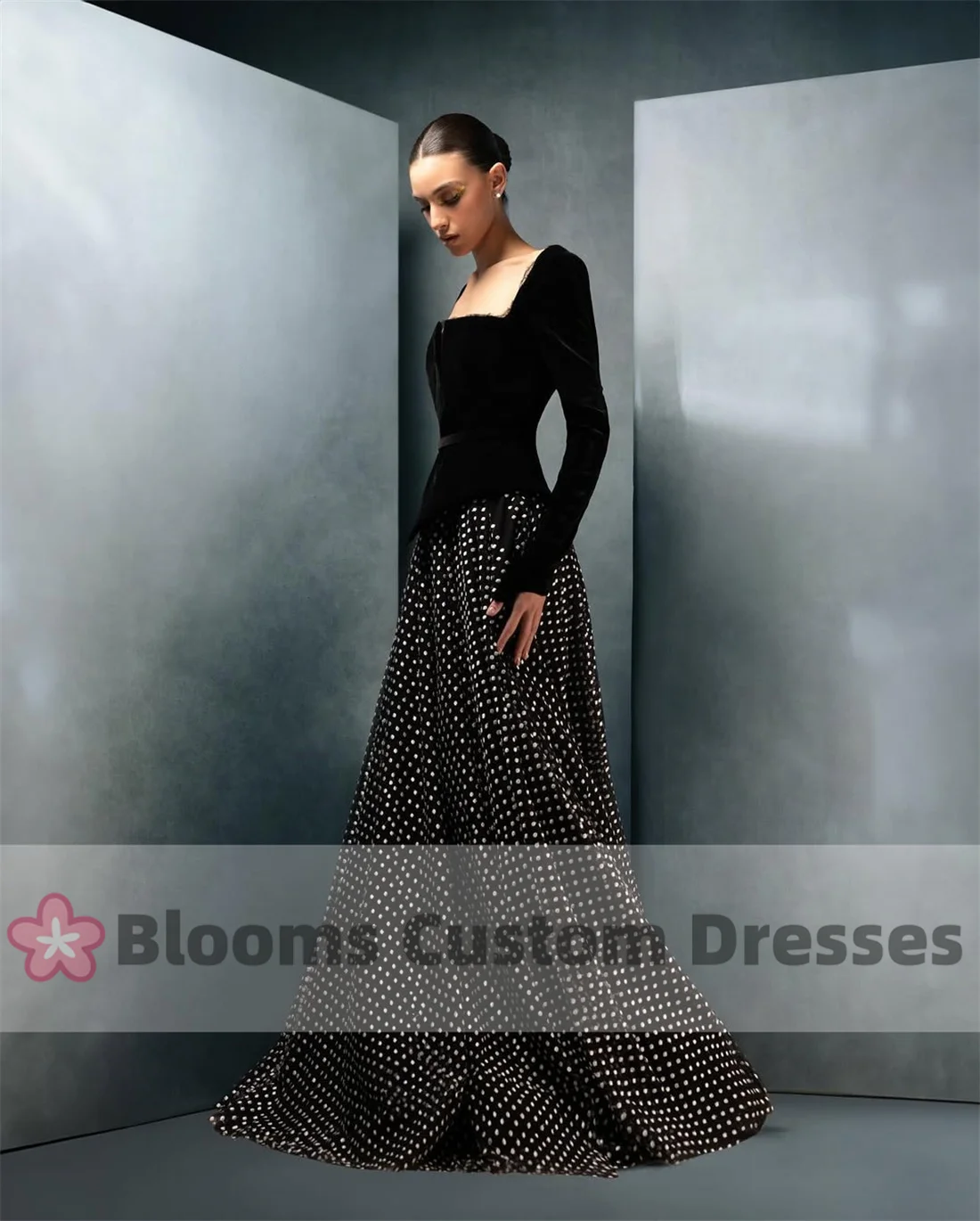 Blooms Customized Evening Dress Black Square  Neck Prom Dress Long Sleeve Wave Point A-Line Elegant Party Wedding Formal Gown