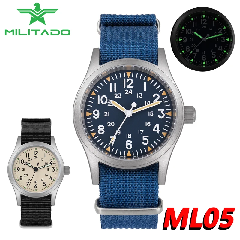 

Militado ML05 Полевые часы Кварцевые VH31/VH60 Механизм с куполообразным сапфировым стеклом и прозрачным AR-покрытием Светящиеся мужские часы 38 мм