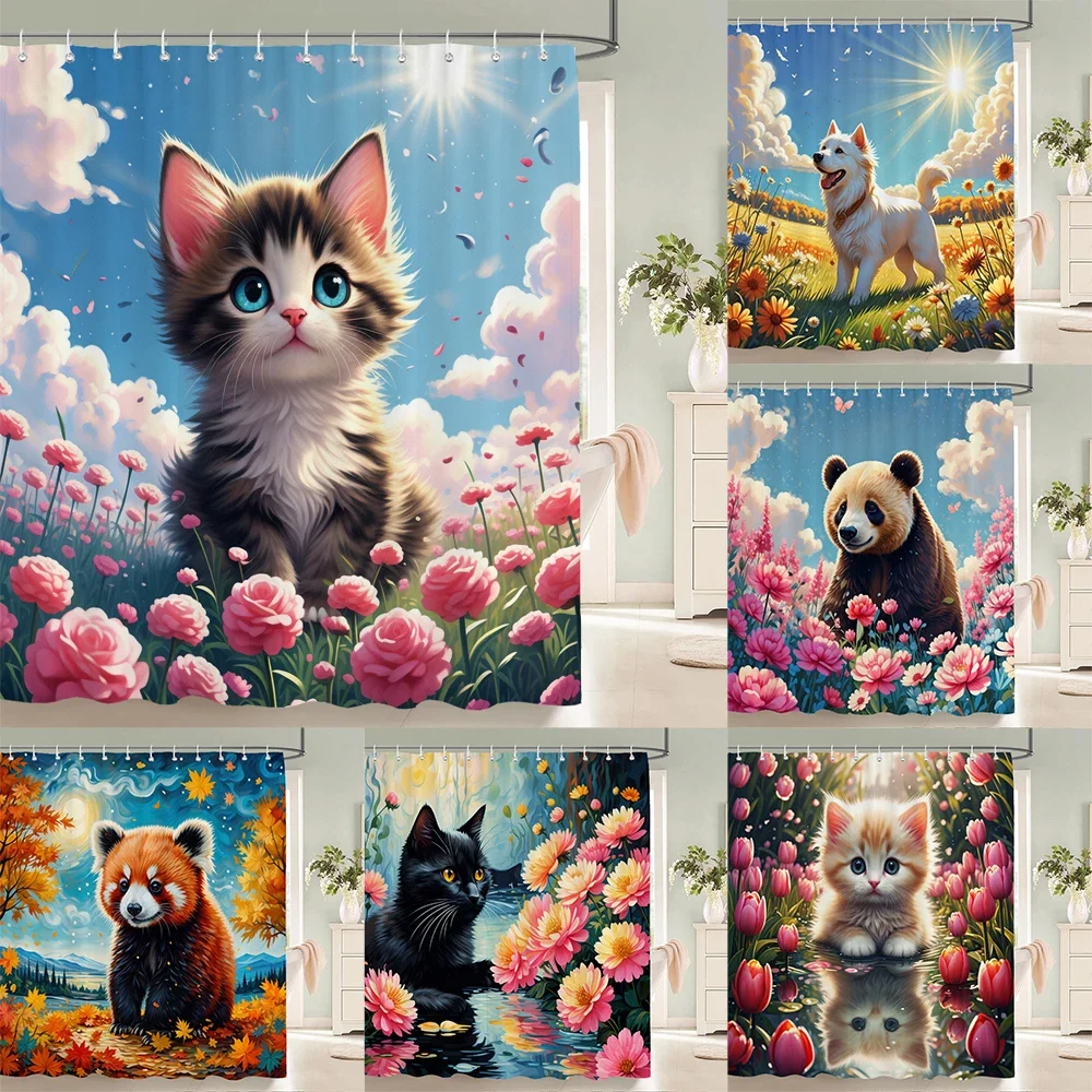 Floral Summer Shower Curtain Cat and Dog Animals Fabric Shower Curtains for Rustic Bathroom Decor Spring Plant Shower Curtain