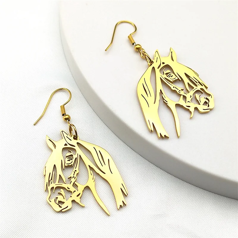 Animal Horse Head Pendant Earrings for Women Stainless Steel Gold Color Drop Earring Horses Lover Gift Accessories Jewelry E6330