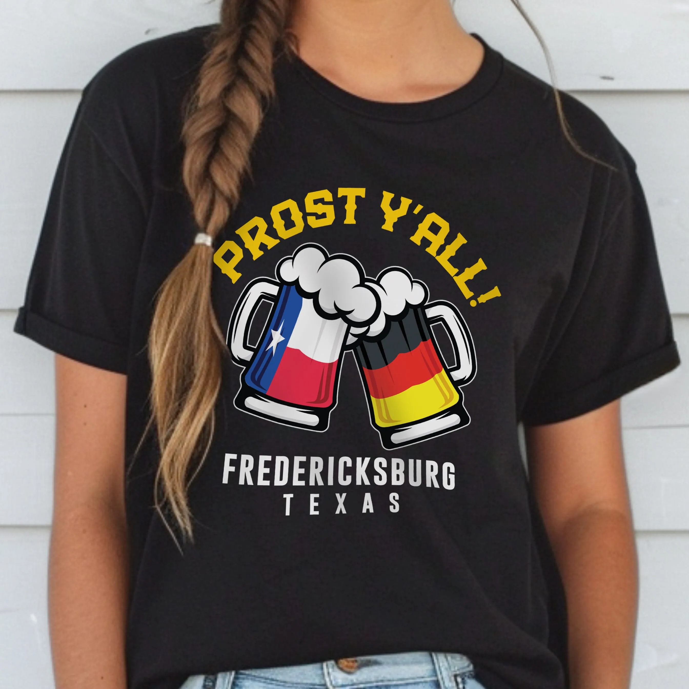 

Fredericksburg Texas Oktoberfest Souvenir T Shirt Prost Yall German Beer Festival And Flag Drinking