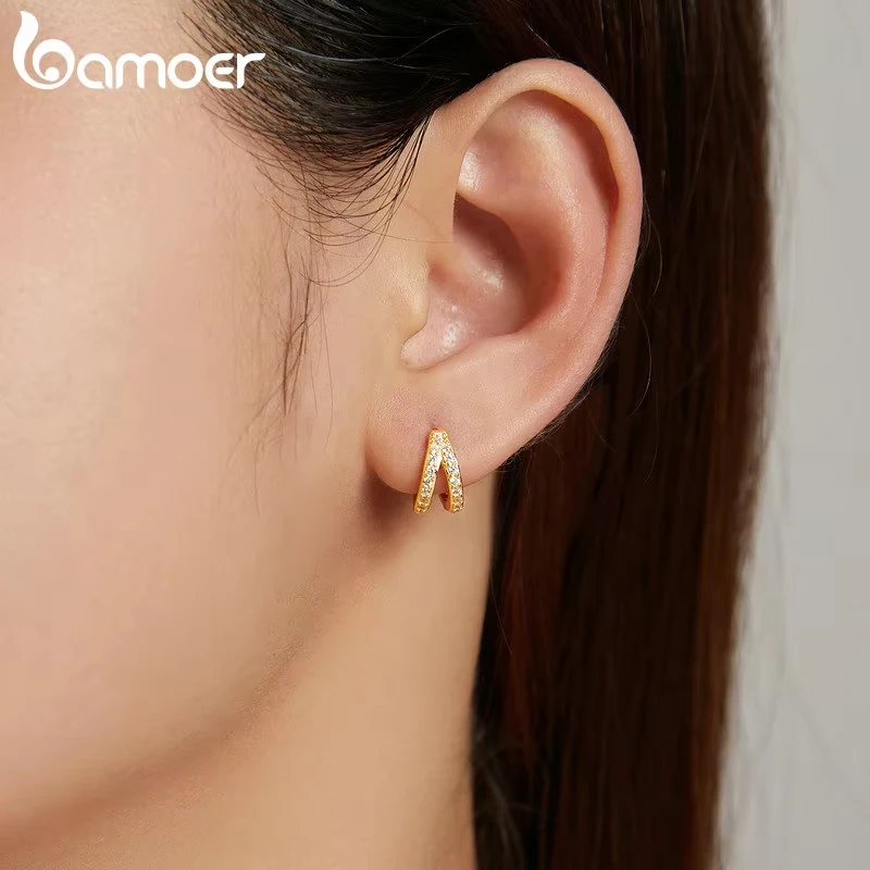 BAMOER-pendientes geométricos clásicos de Plata de Ley 925 para mujer, aretes dobles de cristal de circón, aretes de aro para la oreja, 3 colores SCE1187