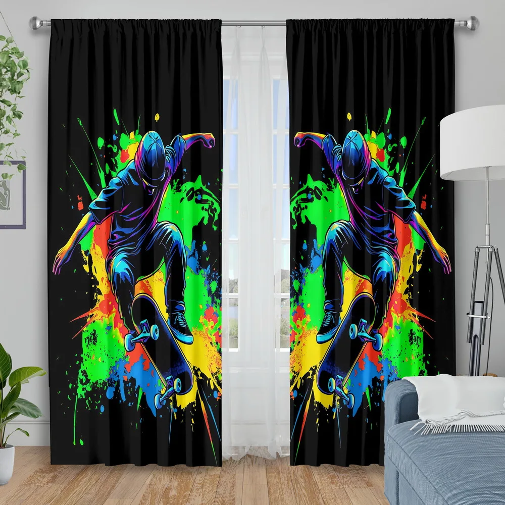 Graffiti Skateboarder Curtains, Colorful Street Art Print Drapes for Teen Room, Urban Sports Window Treatment Home Decor