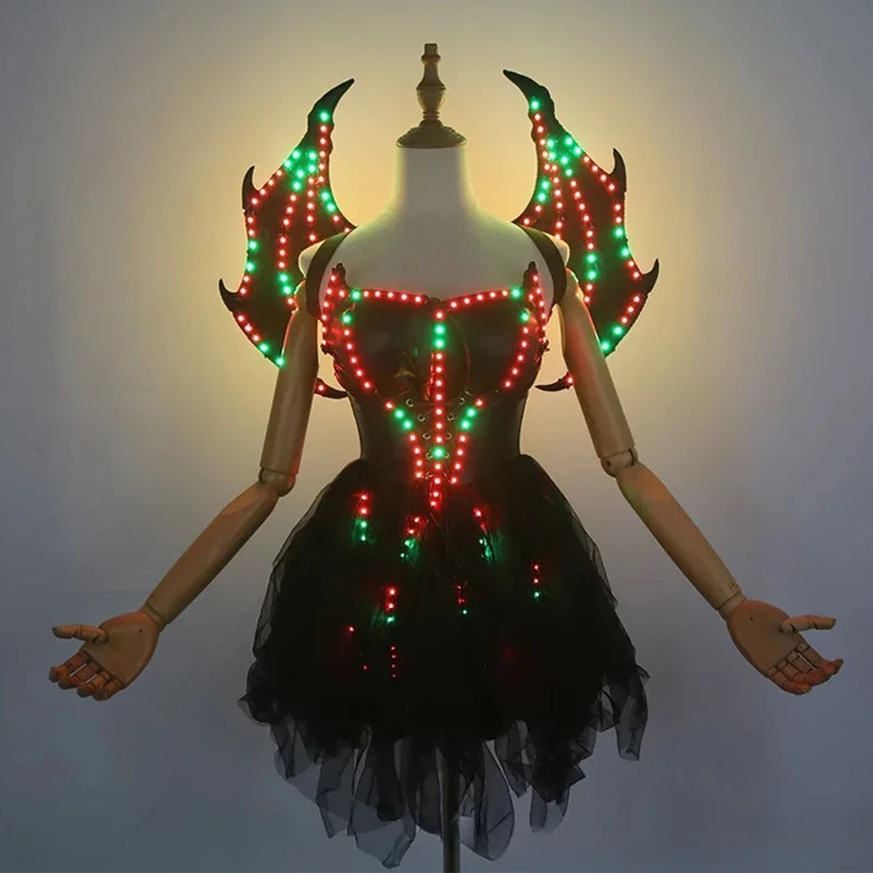 Nightclub Party Drinking Prop Clothing LED Glowing Costume Witch's Wing Set Black Color-changing Halloween Festival Cosplay Suit