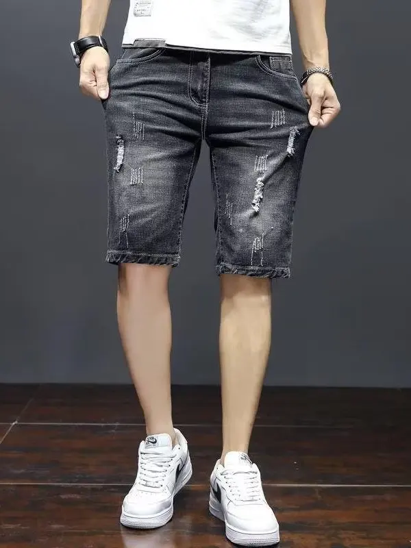 Trendy Korean Style Men's Short Jeans Casual Thin Straight Leg Five-Point Pants Summer Lightweight Mid-Calf Break Hole