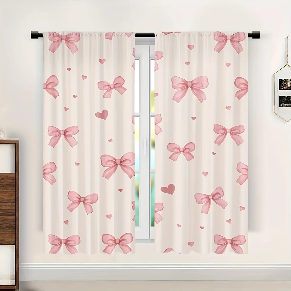 2PCS Digital Printed Curtains, Repeating Bows Pattern Girly Ribbon Print, Window Drapes for Living Room Bedroom Home Decoration