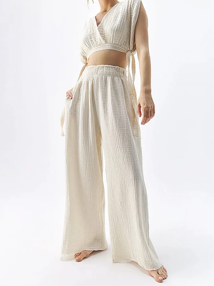 

2025 Best-Selling New Type Double-Layer Gauze Trousers High Waist Slimming Cotton Wide Leg Pants Loose Design Casual Moppin