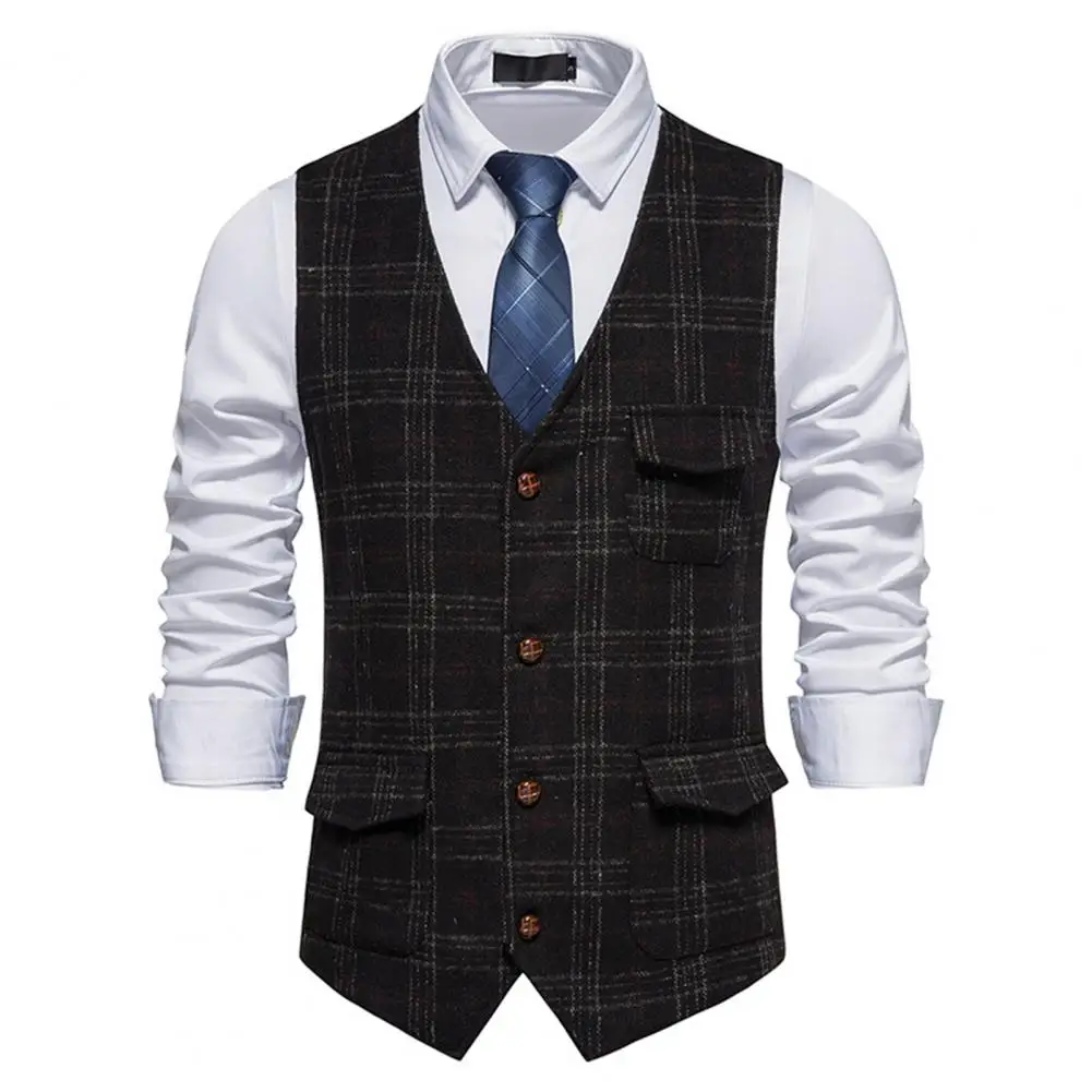 

Retro Plaid Print Waistcoat Plaid Print Retro Men's Business Waistcoat Single Breasted Slim Fit Vest Coat with Design Multiple