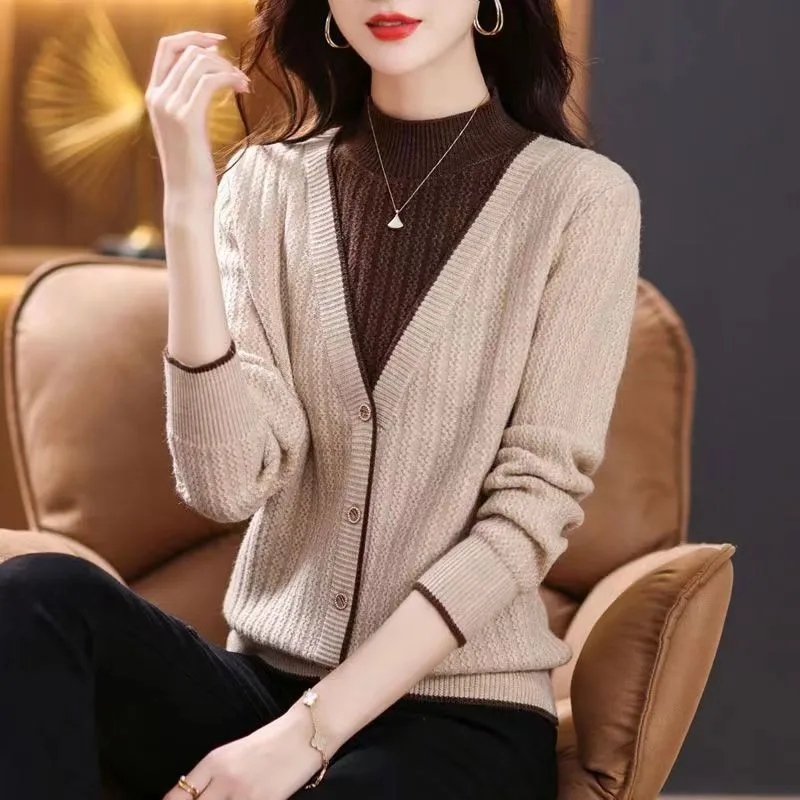 Middle-aged Womens Sweater Pullover Autumn Winter Female Fake Two Pieces Knitted Sweater Half Turtleneck Mother Bottoming Shirt