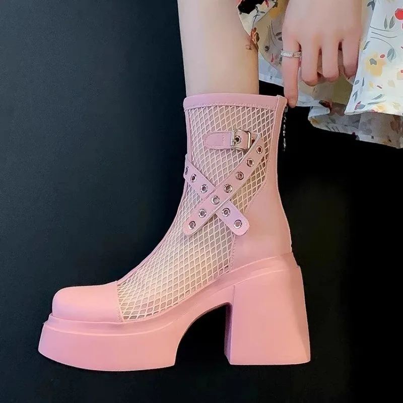 Botas refrescantes de malla con plataforma de verano para mujer, botines de tacón súper alto transpirables con recortes, novedad de 2025