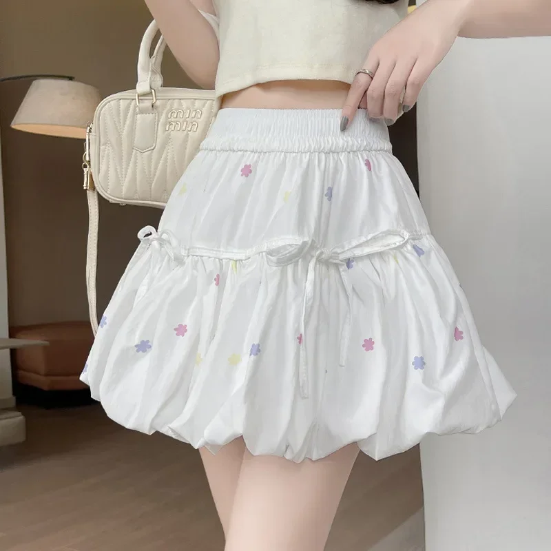 Ballet Style White Floral Luxuey Skirt Women's Summer Elastic High Waist Casual Slim Skirt Kawaii Skirt