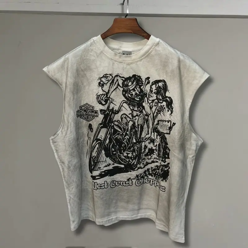 

Летние винтажные уличные топы на западном побережье Choppers, потертая грязная футболка без рукавов с круглым вырезом, красивая футболка с принтом для девочек, мужской и женский жилет