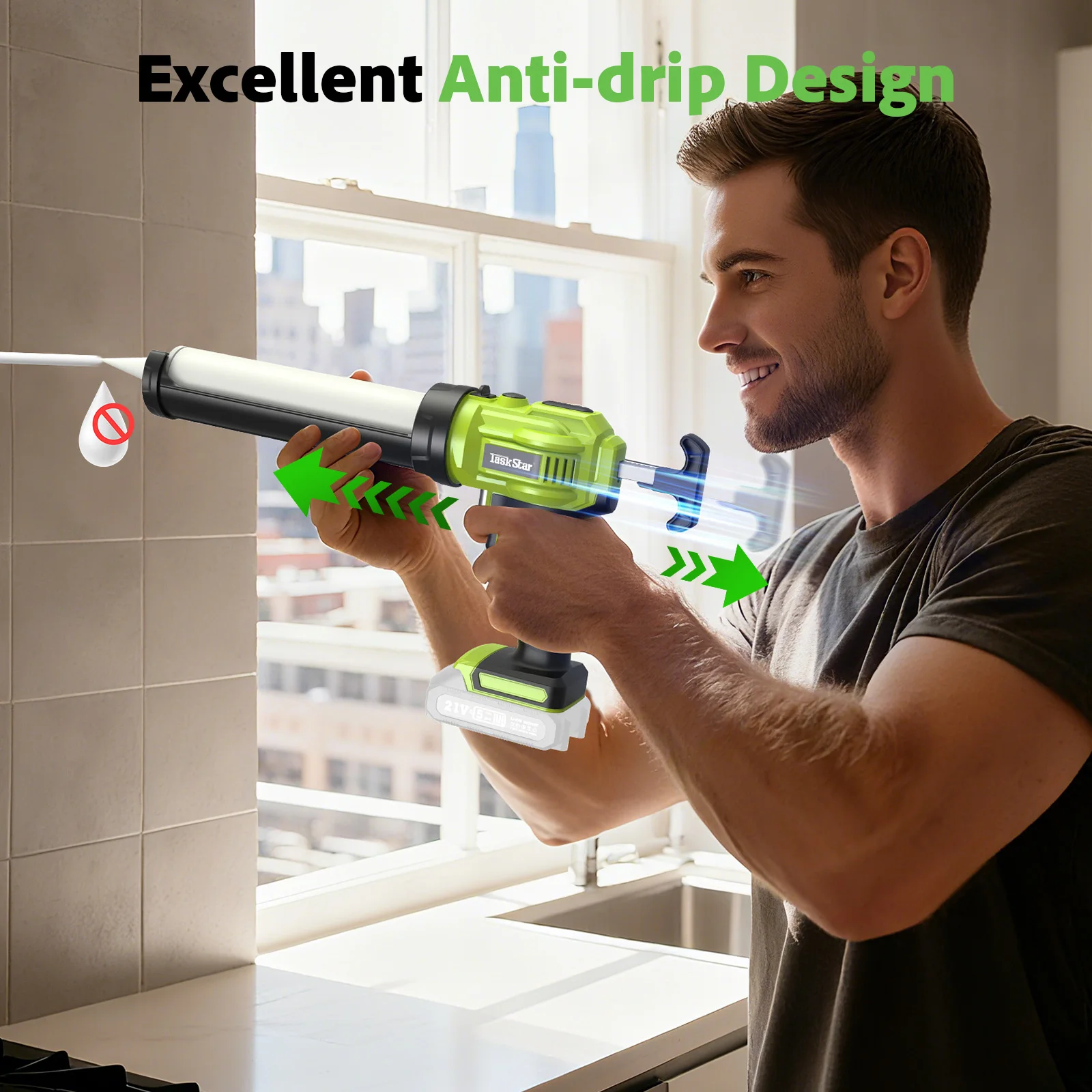 Taskstar TG140 No Drip 250KG 10 OZ Electric Caulking Gun Dripless Cordless with 1*2.0Ah Battery LED Light for Filling and Sealing For Makita Battery