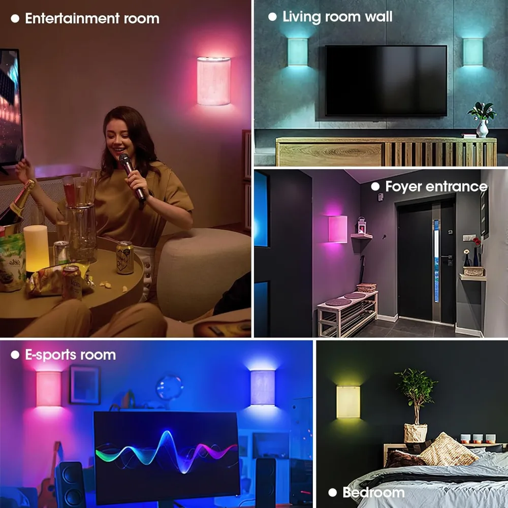 مجموعة مصابيح حائط تعمل بالبطارية مكونة من 2، مصباح حائط من القماش قابل للتعتيم بـ 16 لونًا RGB مع جهاز تحكم عن بعد ومفتاح لممر غرفة النوم