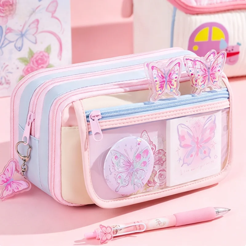Pastel Butterfly Print Pencil Case, Large Capacity Transparent Stationery Bag with Multi-pockets（No Butterfly Accessories）