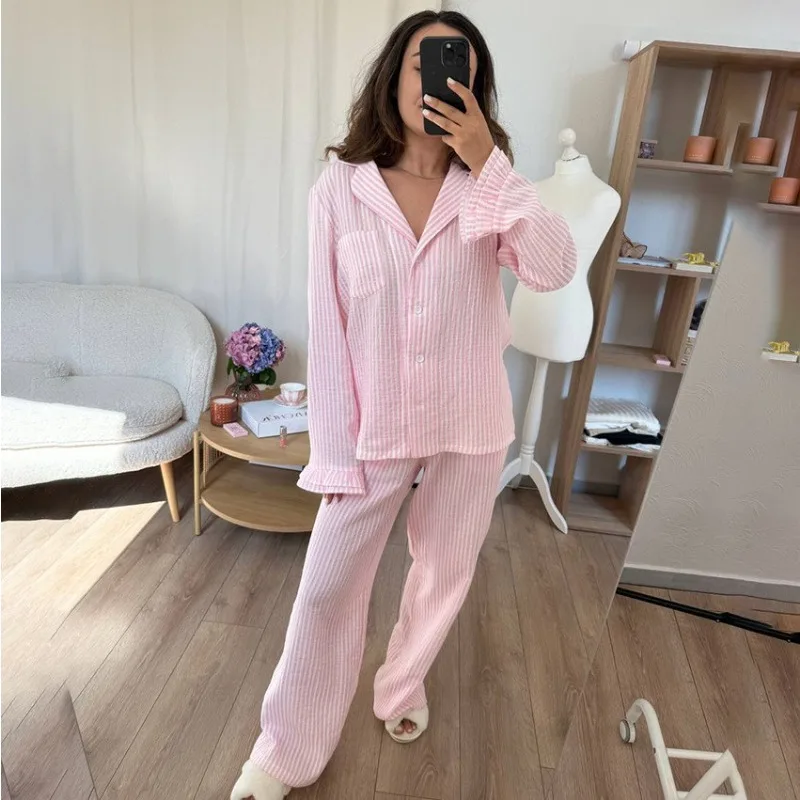 Women's Double Layer Cotton Pajamas Set Striped Long Sleeve Ruffled Top Wrinkled Yarn Trousers Spring Summer Lounging Turn Down