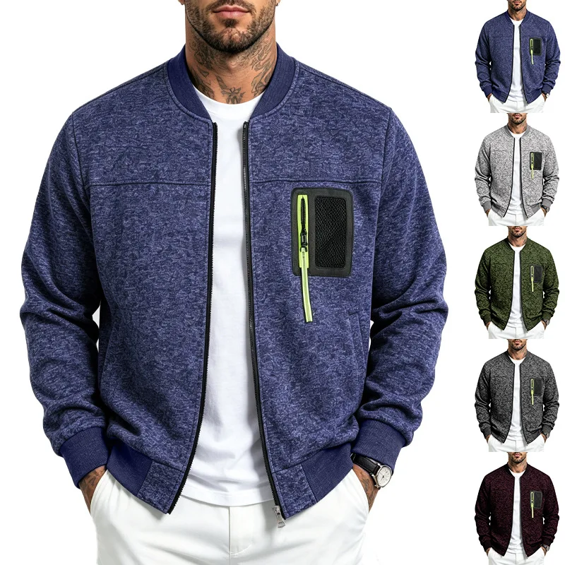Men Heathered Zip‑Up Bomber Jacket, Rib Collar Contrast Zipper Pocket Long Sleeve Casual Outerwear