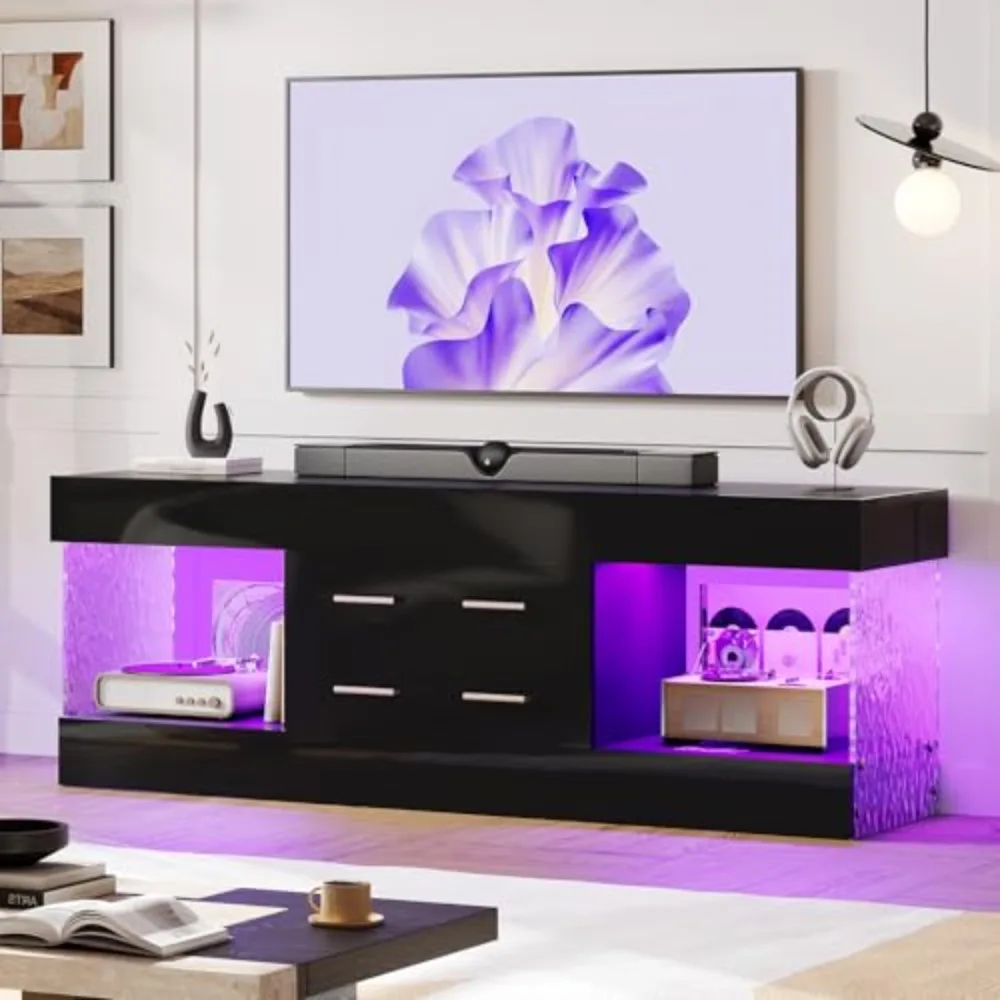 TV Stand for 65 Inch TV, Modern Black Entertainment Center | High Gloss Black Finish, Stone Pattern Panels, LED Lights