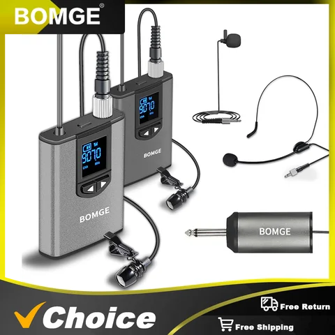 BOMGE Dual Wireless Microphone System Headset Mic/Stand Mic/Lavalier Lapel Mic with Rechargeable Bodypack Transmitter & Receiver