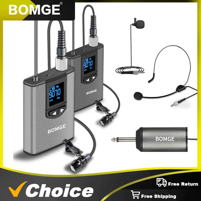 BOMGE Sistema de microfone sem fio duplo fone de ouvido microfone/microfone de suporte/microfone de lapela de lapela de lapela com transmissor e receptor de mochila recarregável