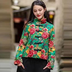 Chinese Style Long Sleeve Padded Jackets Women New Arrival 2023 Autumn Vintage Floral Print Thick Warm Female Casual Coats B3216