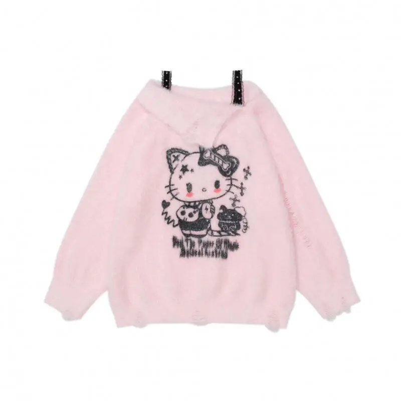

2025 New Anime Hello Kitty Sweater Women's Kawaii Cartoon Sweatshirt Sweet Style Keep Warm Long Sleeve Streetwear Winter Tops