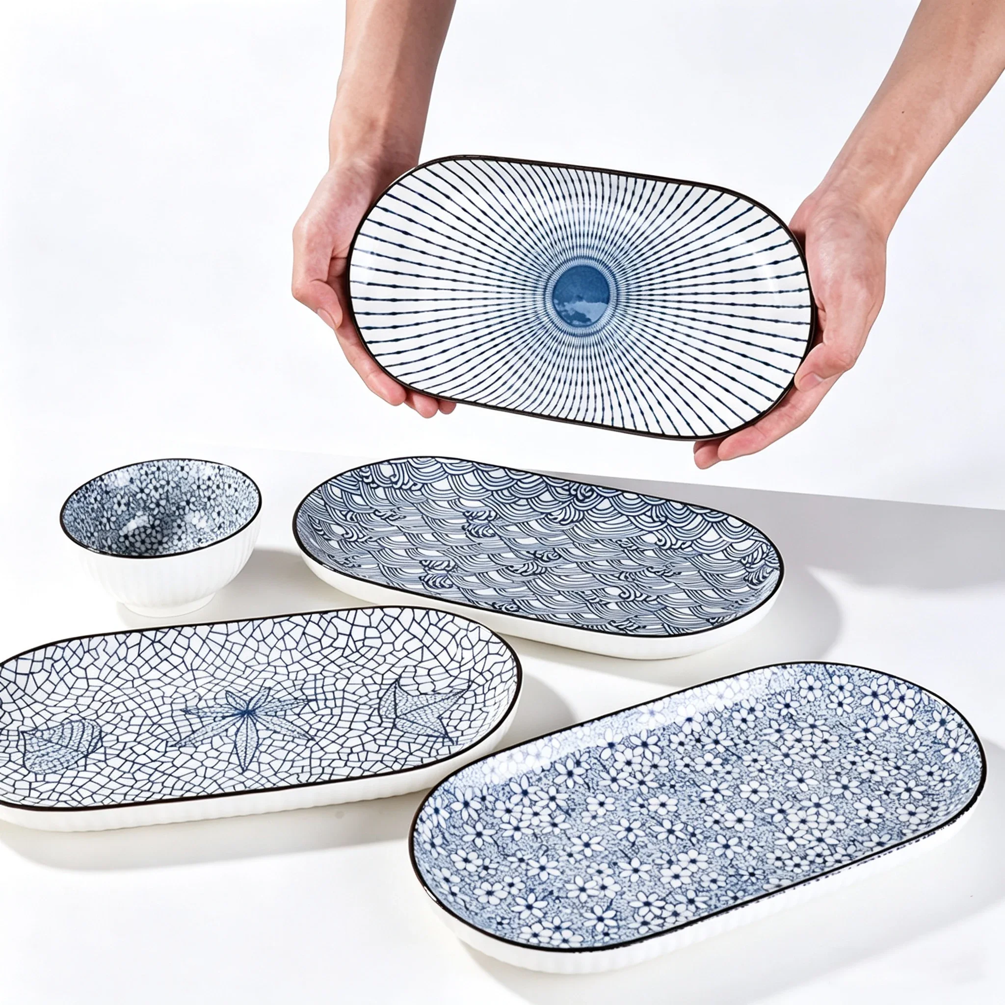 11.5in Creative Oval Ceramic Platter 2Pcs, Yamada Underglaze National Trend Pattern, Microwave Safe Tableware for Fish Dumplings