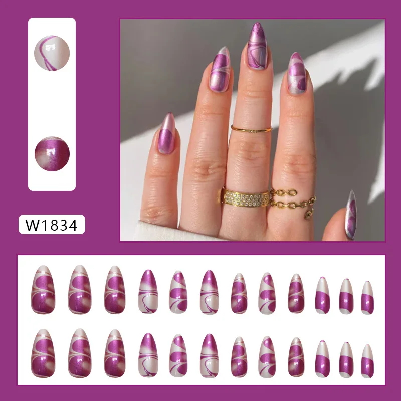 

24 шт. Пресс для миндаля среднего размера на ногтях — абстрактный дизайн серебряного и фиолетового мрамора | Современный художественный стиль с инструментом для нанесения