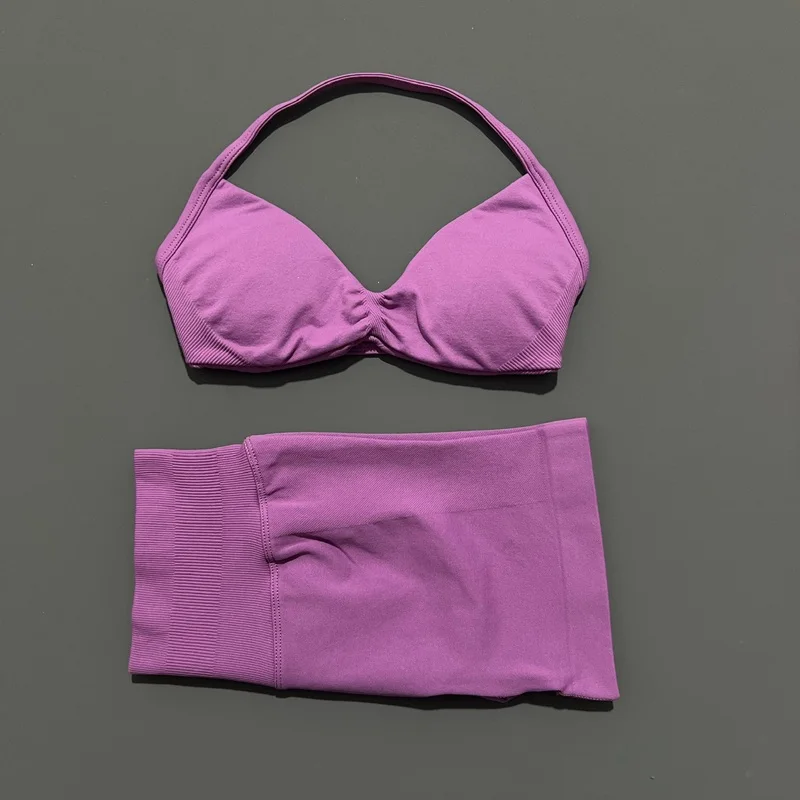2-teiliges Sportset für Damen, Neckholder-Yoga-Top, hochtaillierte Scrunch-Shorts, atmungsaktiv, dehnbar, für Gym, Pilates, Workout, Fitness – Detail 15