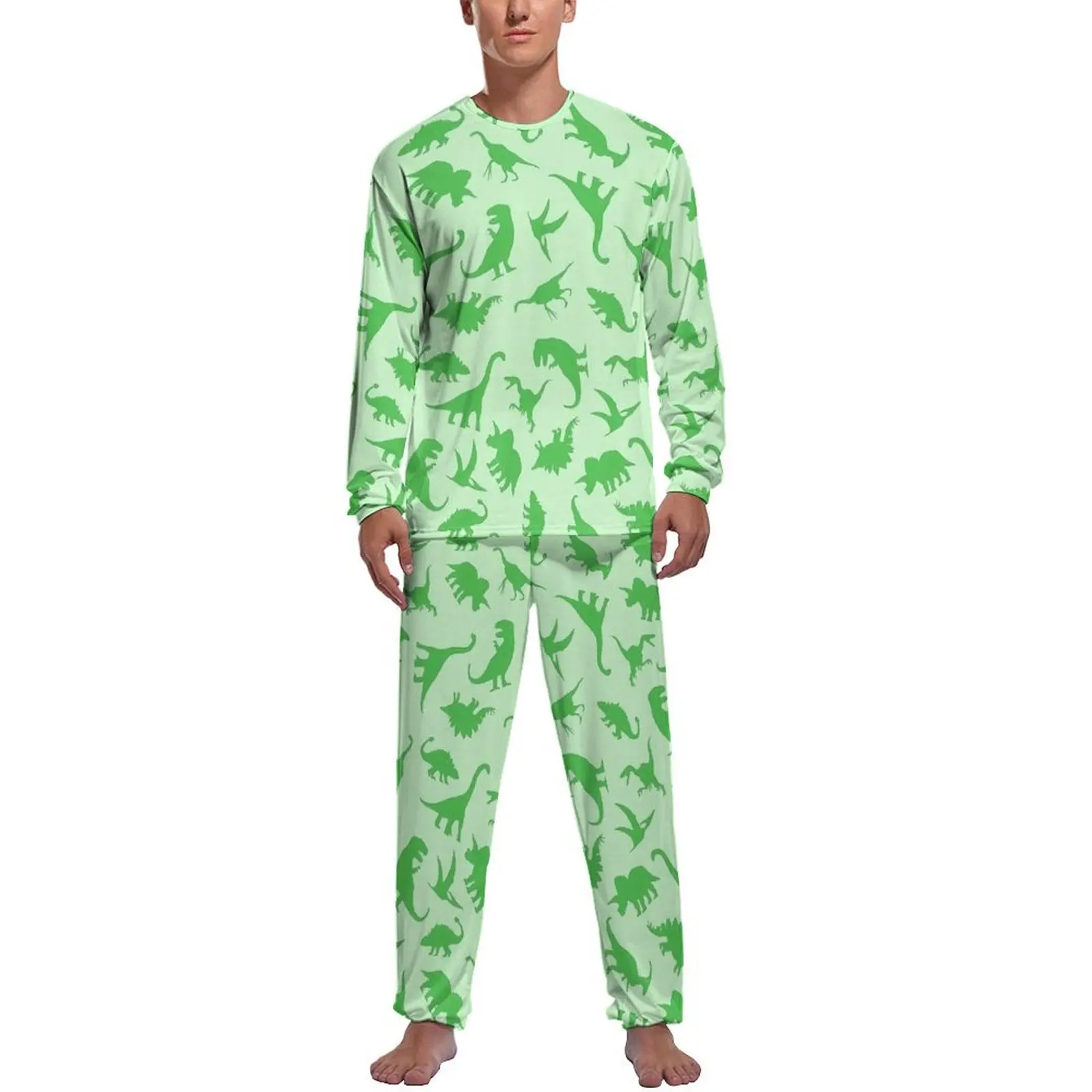 Green Dinosaurs Pajamas Daily Cute Animal Casual Home Suit Men 2 Piece Graphic Long Sleeve Cute Pajamas Set