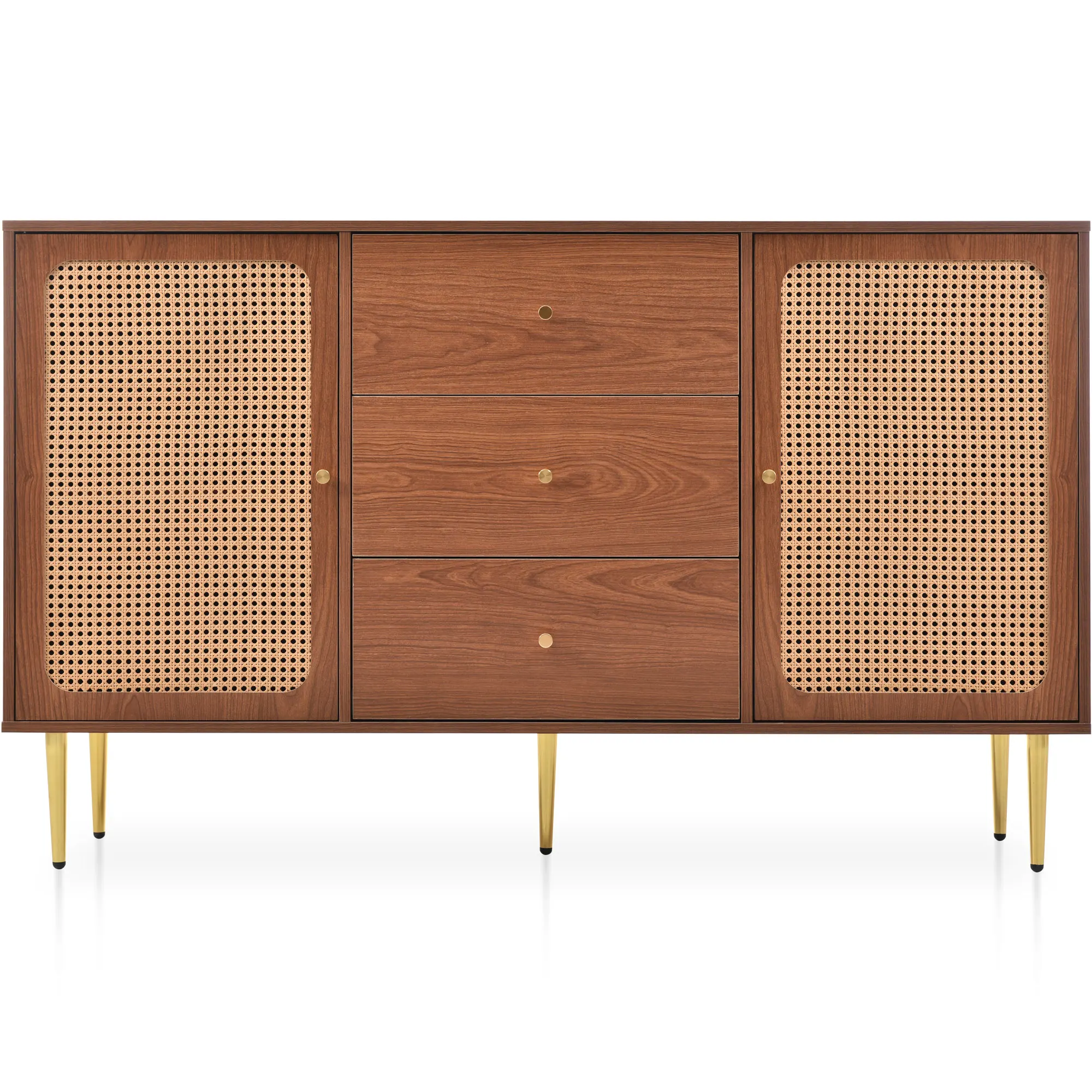 Kommode mit 2 Türen, 3 Schubladen, Rattanschränken, verstellbarem Regal, Walnuss-Finish – H90/B150/T40 cm. – Detail 26