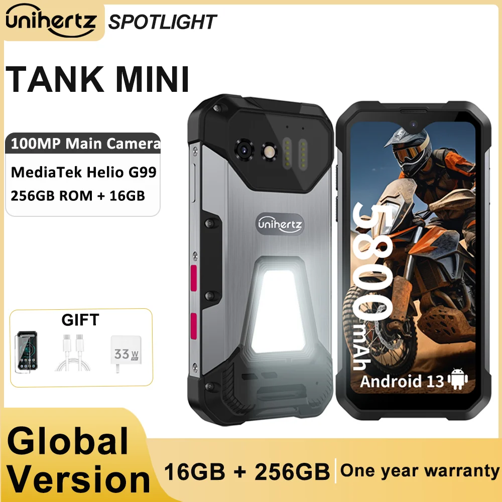 Unihertz 8849 Tank Mini Rugged Smartphone 4.3 Inch Display Android 13 5800mAh 24GB 256GB Helio G99 Octa Core 100MP Cameras IP68