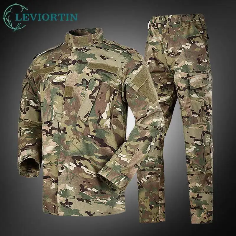 2Pcs/Sets Men's Outdoor Work Camo Shirt + Cargo Pants Hiking Fishing Suits Set Training Wear-resistant Tactical Suit