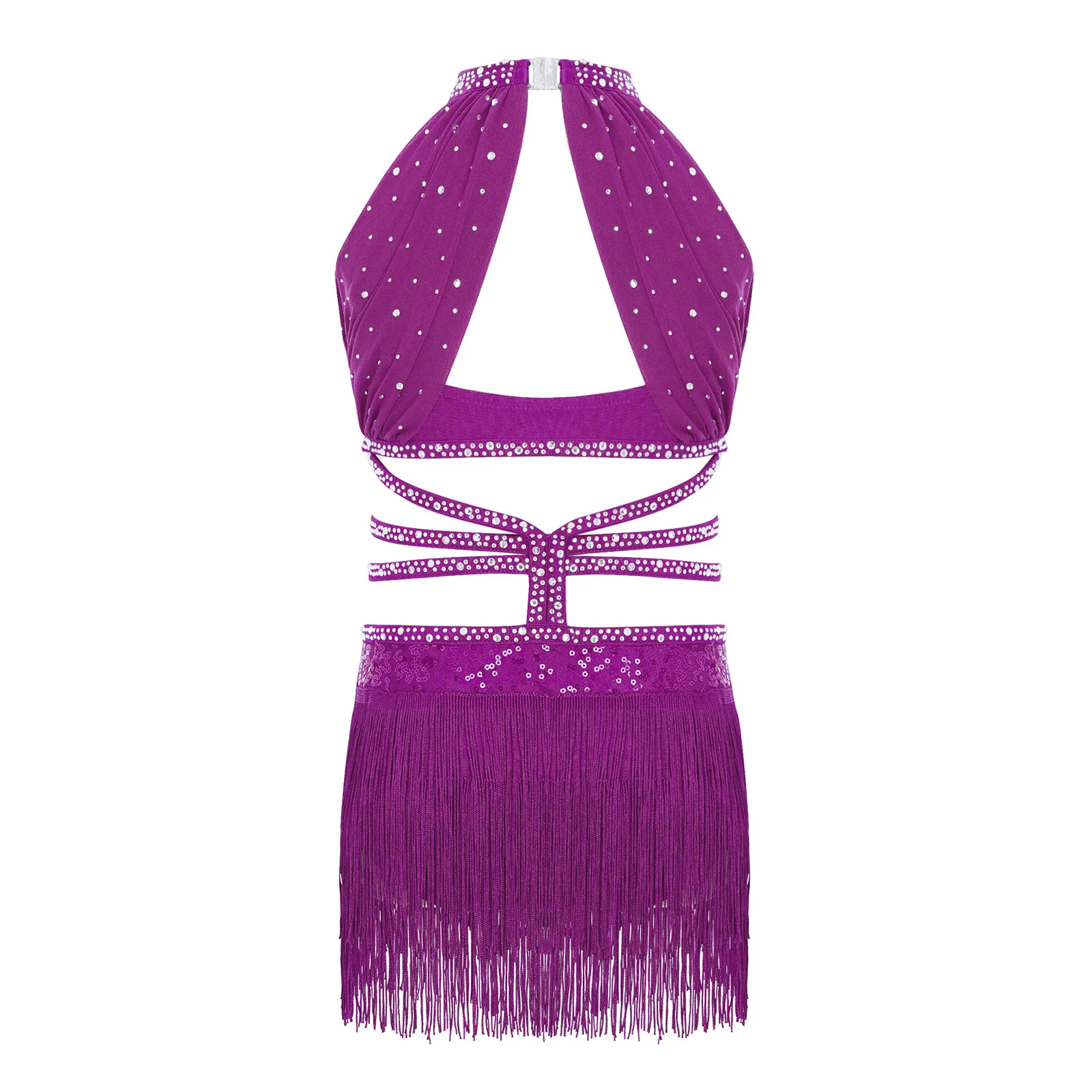 Kids Girls Latin Dance Dress Sleeveless Mesh Overlay Cutout Tassel Sequin Cha-cha Leotard Dress Samba Salsa Jazz Tango Dancewear