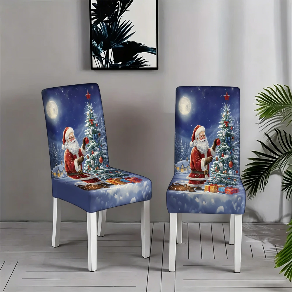 Starry Night Moon Santa Claus Sleigh Gift Box Christmas Tree Full Print Dining Chair Slipcover Stretch Xmas Chair Cover
