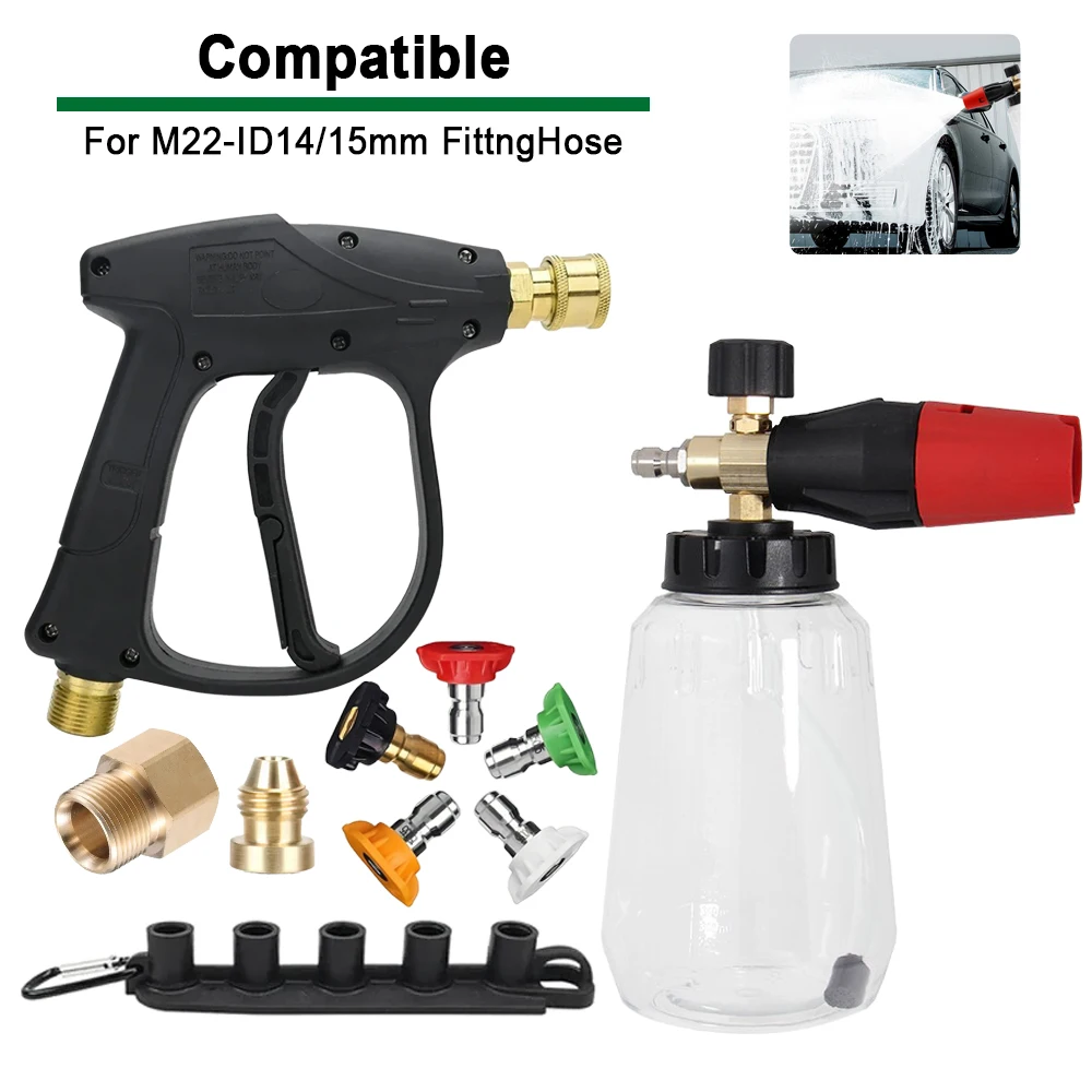 High Pressure Washer Gun with Foam Cannon & M22-14/15 Adapter Kit, Portable Car Wash Cleaning Tool for Vehicle Motorcycle