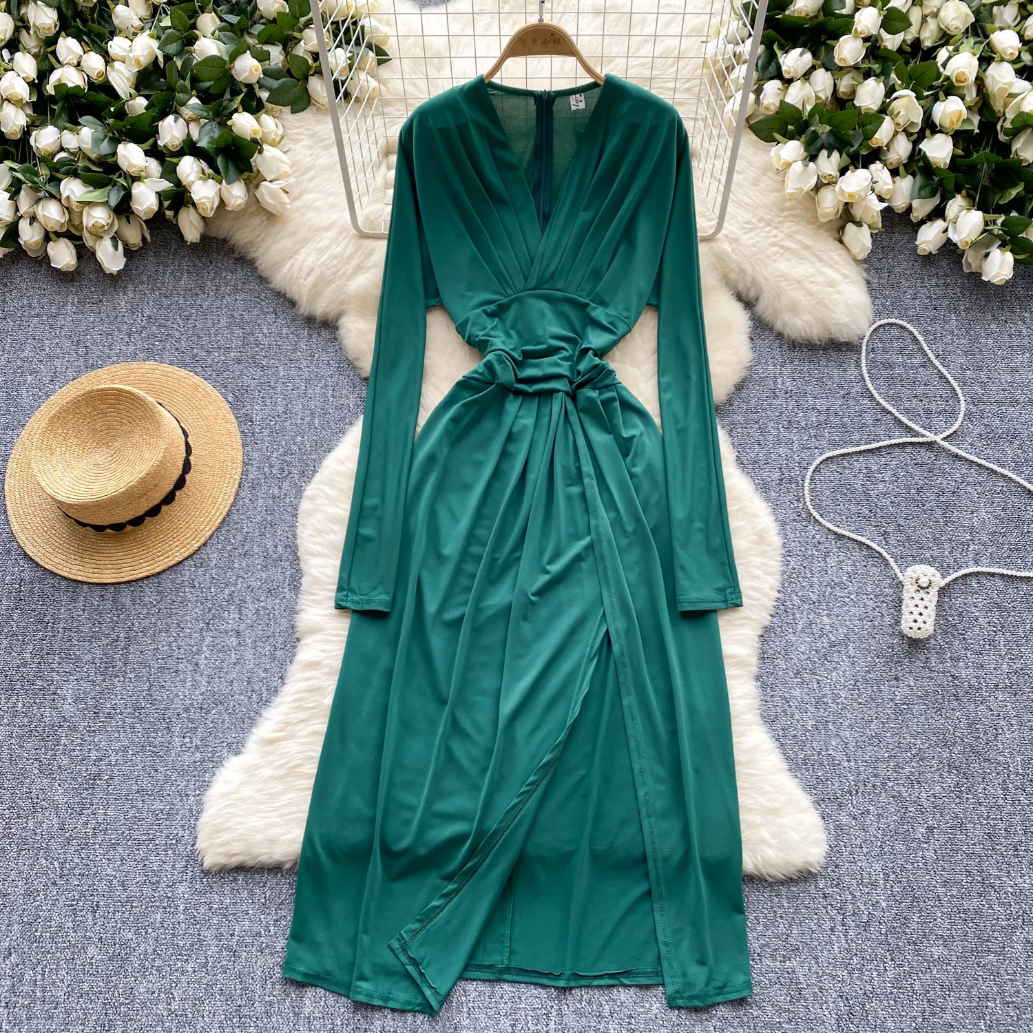 Elegant Sexy v neck lool sleeve Autumn Winter Dress  Vintage Slim summer satin split sweet A-line dresses