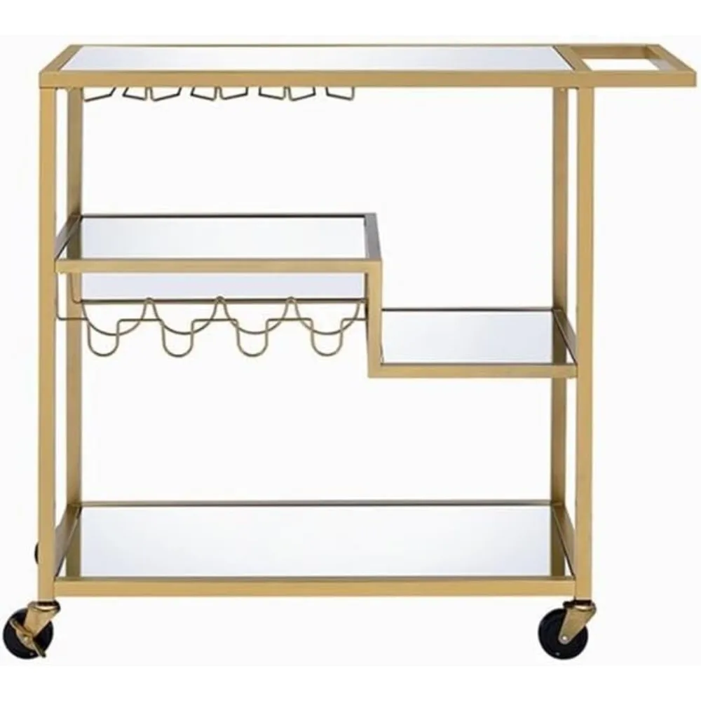 Adamsen Rectangular Glass Top Serving Cart with 3 Tiers in Gold