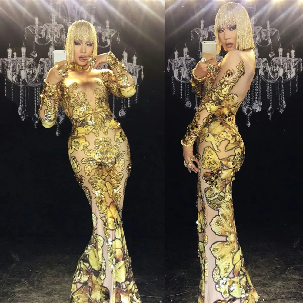 

Gold Crystal Sequins Printed Wide Leg Jumpsuit Women Birthday Party Outfit Singer Concert Nightclub Stage Performance Costume