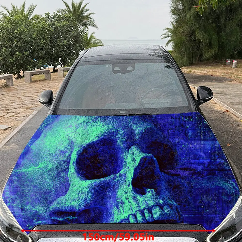 Car Decal Blue Skull with Glitch Textural Artistic Fusion Design, Creating a Mysterious and Cyber-Gothic Visual Car Hood Sticker