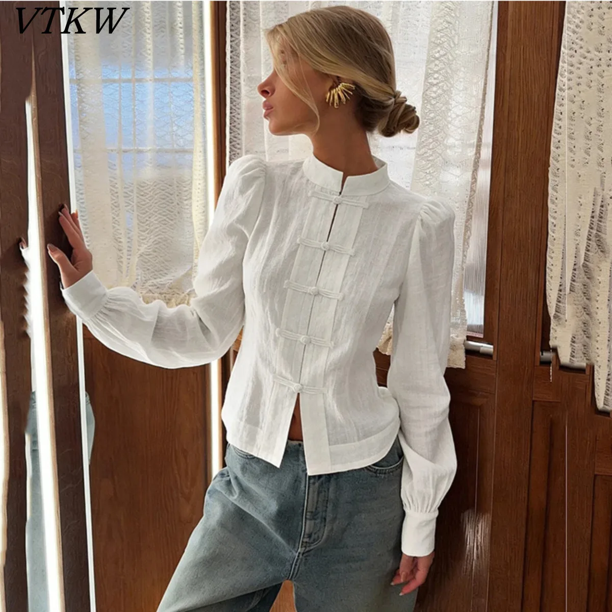 

VTKW 2026 New Women Fashion Chinese Style Blouse Mandarin Collar Frog Button Long Sleeve Puff Sleeve Slim Fit Elegant Casual Top