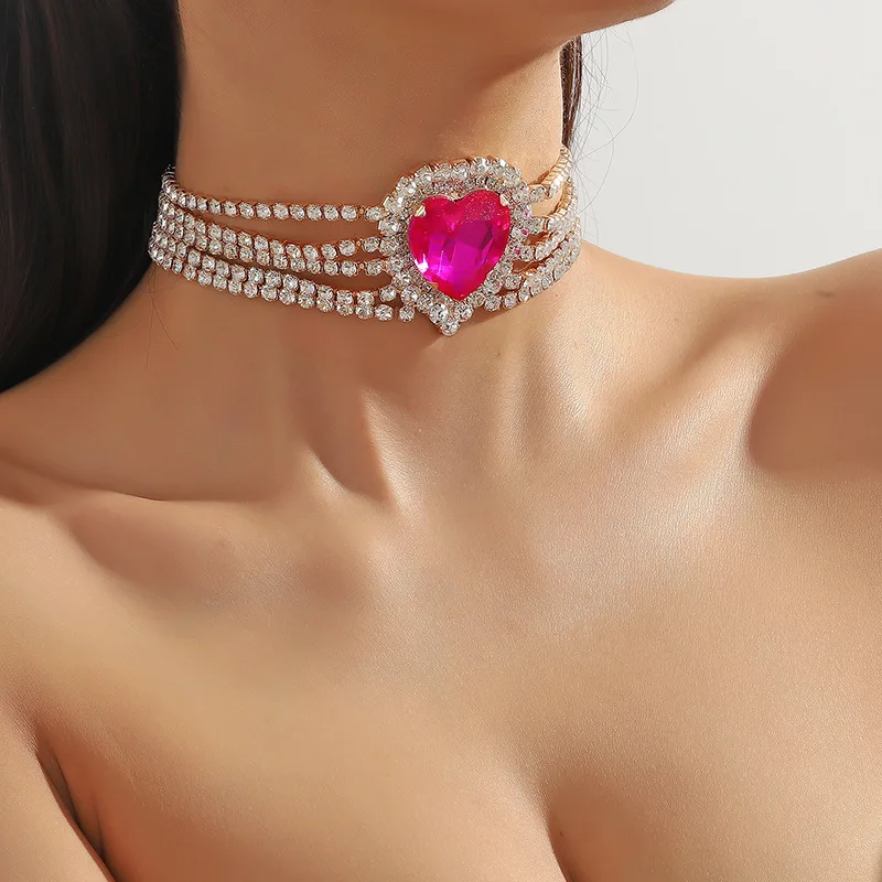 

Foreign Trade Fashion European and American Exaggerated Multi-Layer Diamond Color Heart Love Heart Crystal Necklace Bundle Neckl