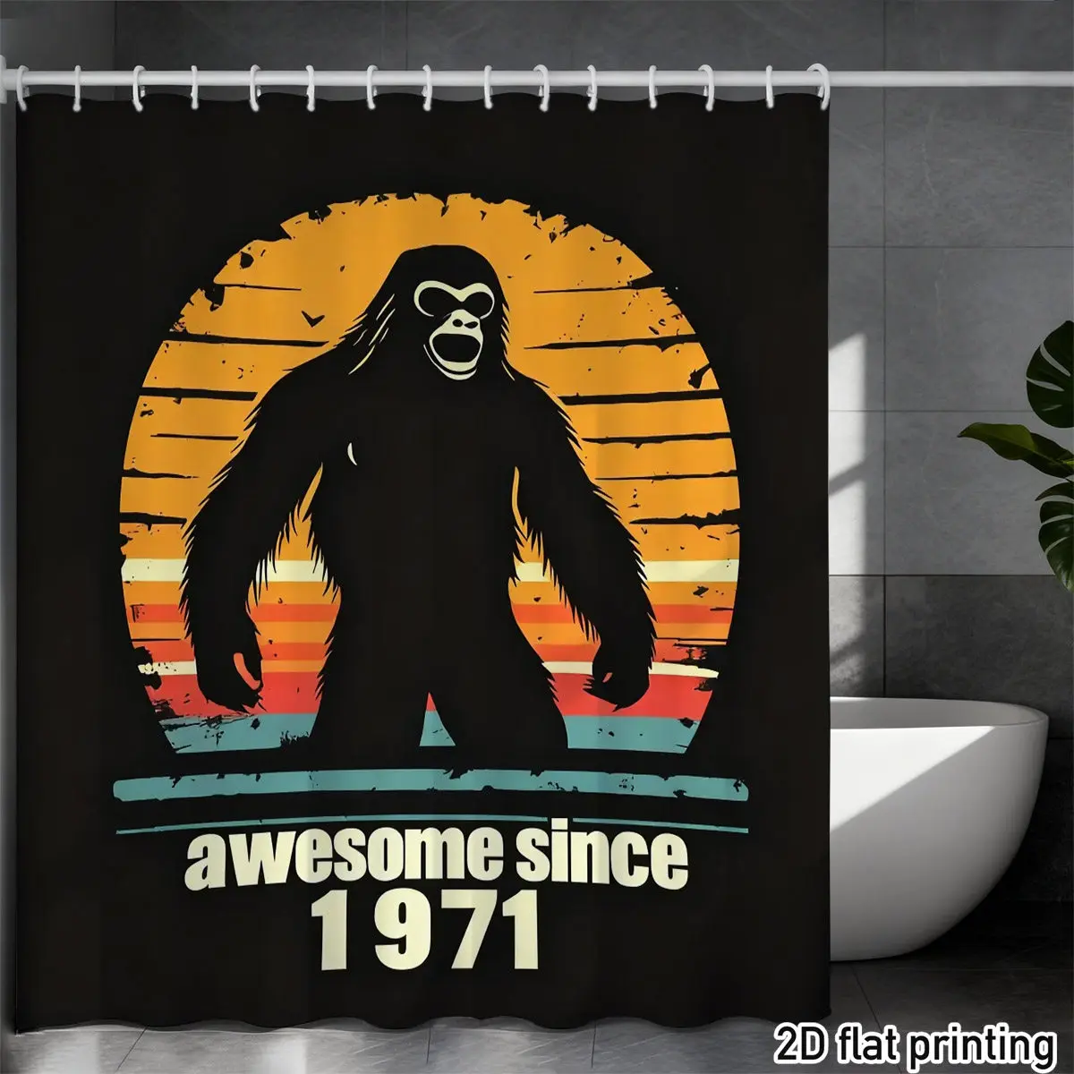 

Занавеска для душа Bigfoot – с изображением силуэта и ретро-закатом, надписью «Awesome Since 1971», 2D плоский принт, устойчивый к выцветанию полиэстер, 12 крючков.