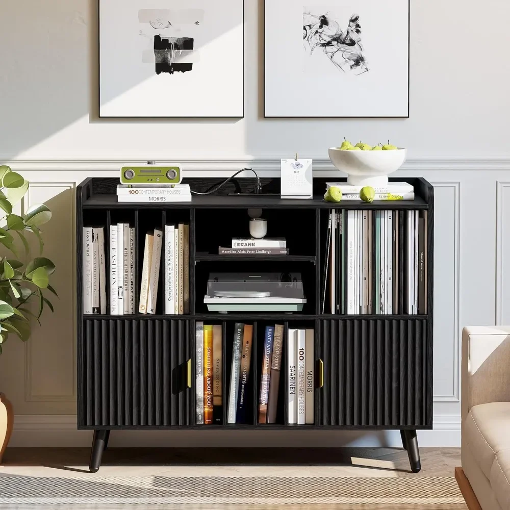 

Bookshelf with Cabinet Doors, Low Bookcases with Charging Station, 2 Shelf Bookcase for Living Room Office, Easy Assembly