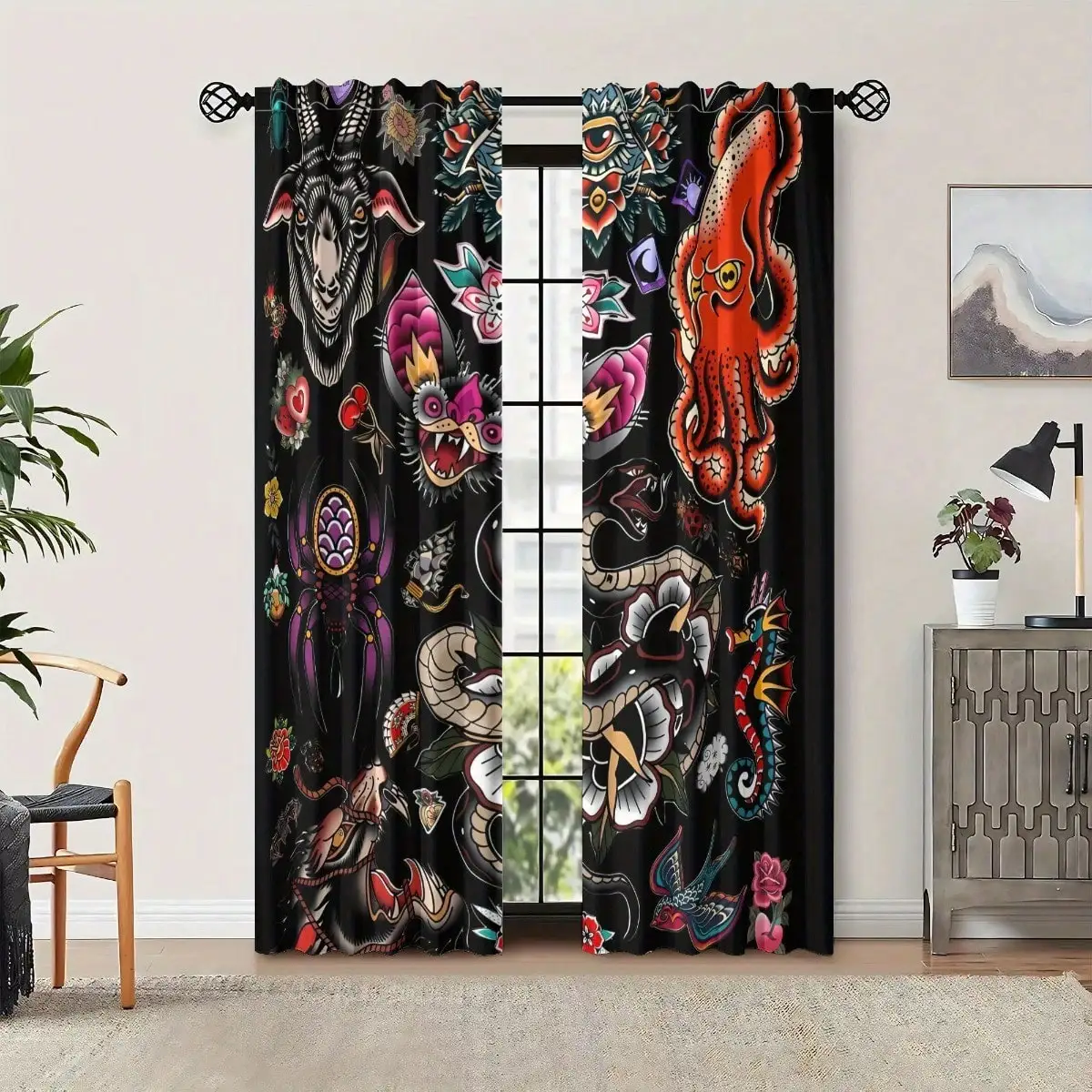 2pcs Old School Tattoo Collage Curtain Creative Design Suitable For Bedroom Living Room Office And Home Decoration