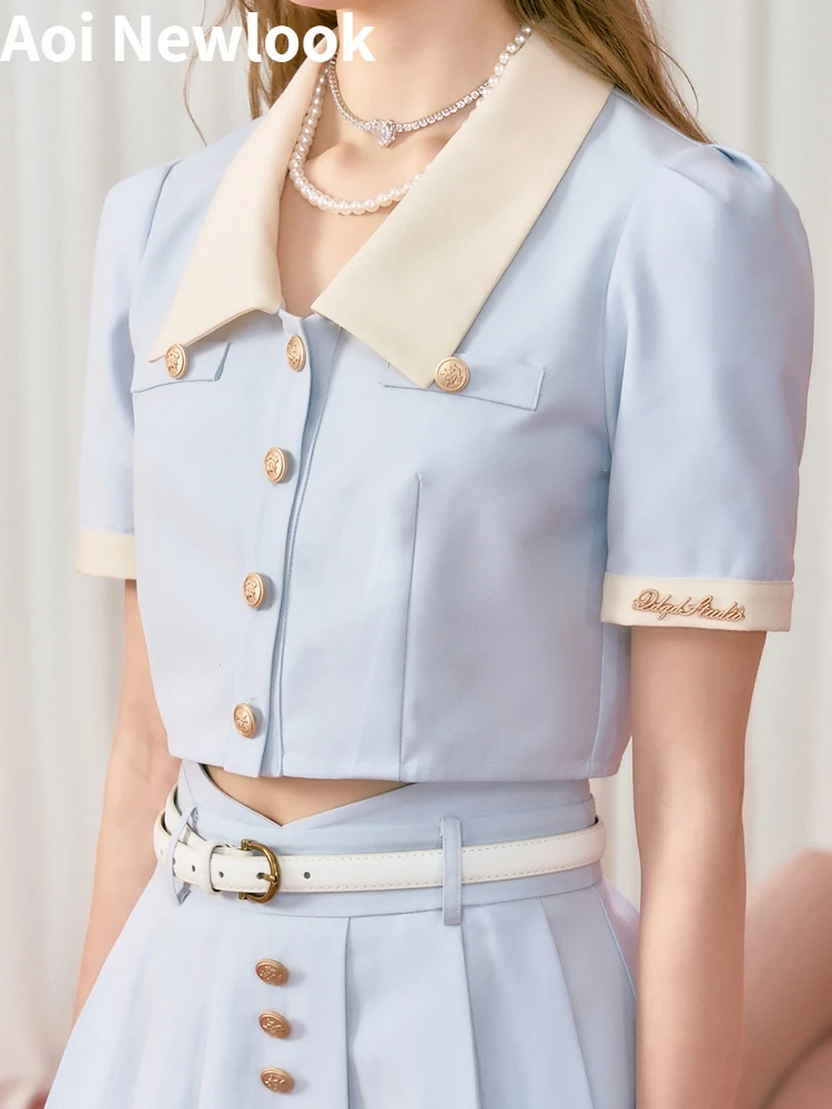 Aoi  Summer Y2k College Style Two-piece Set Women's Blue Lapel Coat Short Tops+High Waist Culottes Sweet Temperament Suit